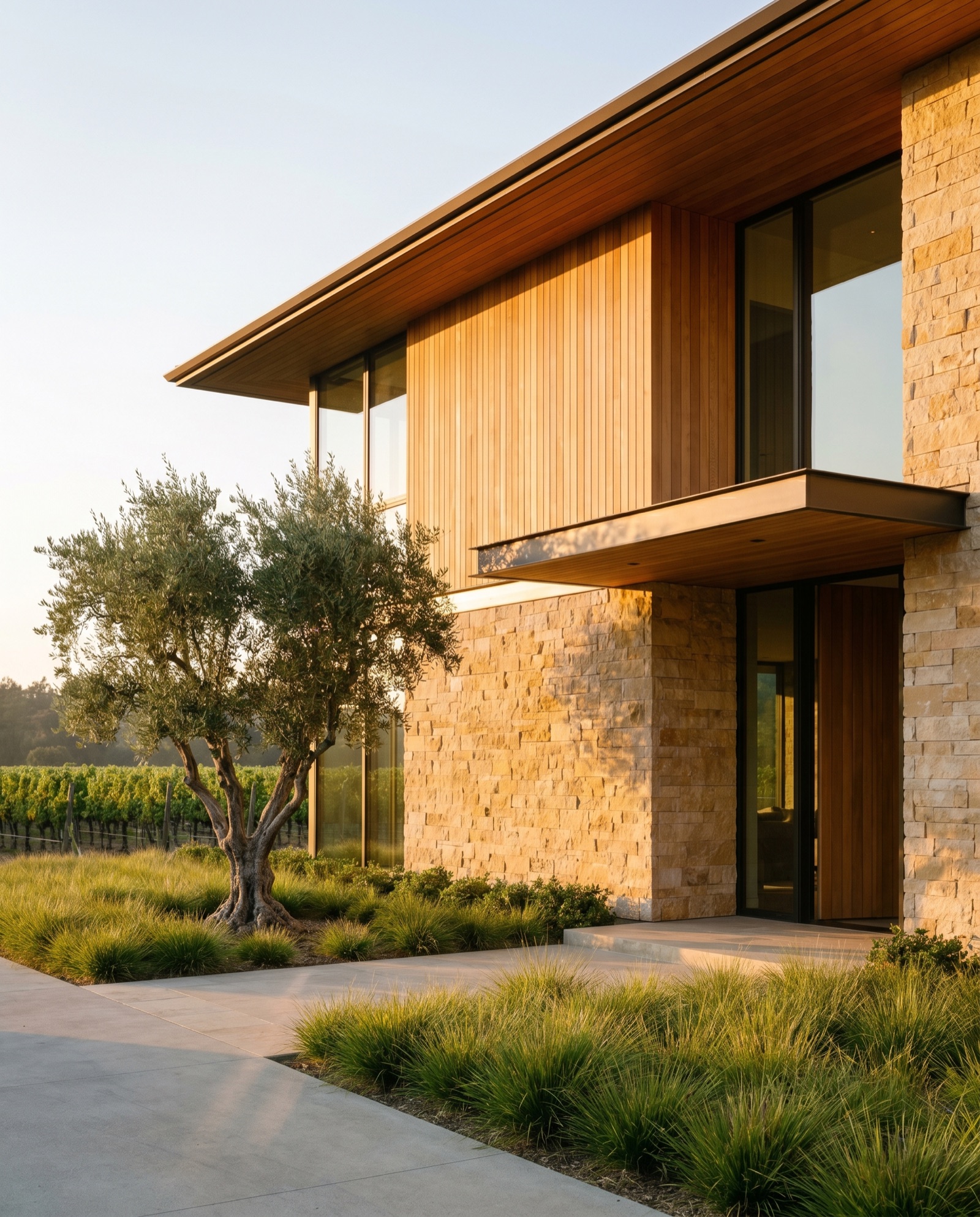 A contemporary luxury estate in Northern California wine country, stone and timber facade with vineyards beyond